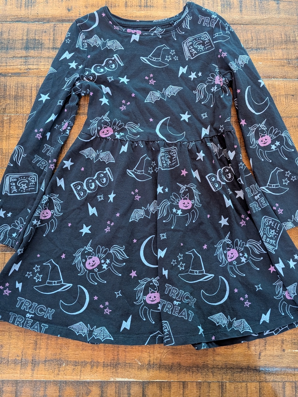 Tu Girls' Black Halloween Unicorn Dress with Pink & Gray Prints, Size 6